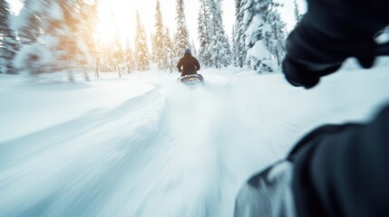 A thrilling image captures an individual snowmobiling through a pristine winter landscape, surrounded by snow-covered trees and beautifully illuminated by the fading sunset.