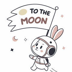 Cute bunny astronaut going to the moon