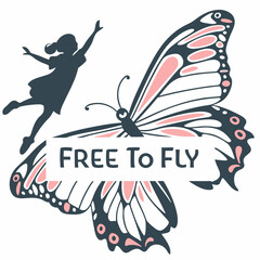 Girl silhouetted against large butterfly free to fly