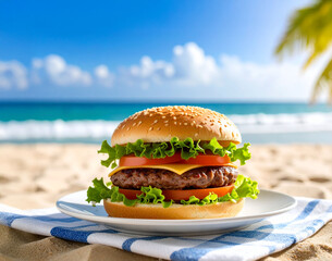 un burger sur la plage