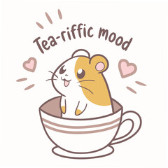 Adorable hamster in teacup, tea-riffic mood, cute cartoon illustration