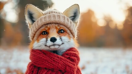 A charming fox donning a knit hat and a cozy scarf, capturing a whimsical essence that instills warmth, joy, and a sense of playful anthropomorphism in nature.