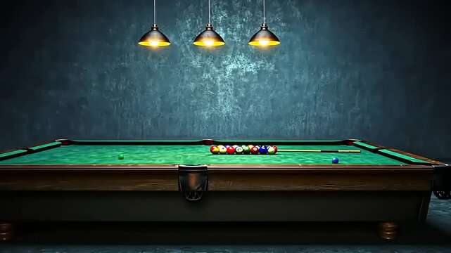 Billiard Table with Colorful Balls Under Lights
