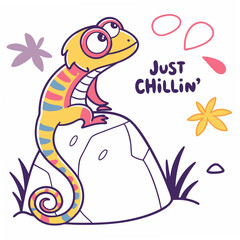 Cute cartoon lizard just chillin on rock, transparent png