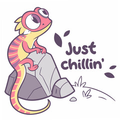 Cute cartoon lizard just chillin on rock, transparent background