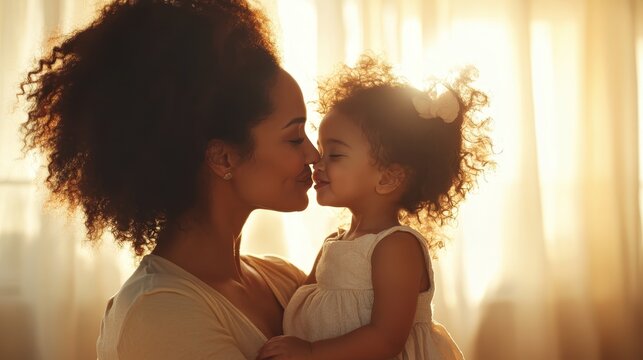 A heartwarming scene of a mother and her daughter sharing an affectionate moment, framed by the warm glow of a sunset, representing love and connection in family life. - Powered by Adobe