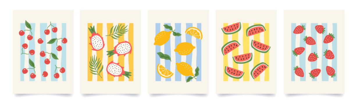 Set of colorful fruit summer poster. Modern print with hand drawn strawberry, lemon, cherry, dragon fruit and watermelon. Trendy design for wall decor, postcard, cover, packaging, t shirt.