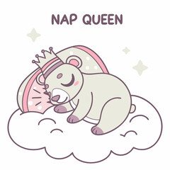 Adorable bear cub napping on cloud crown princess
