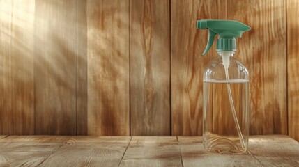 A transparent spray bottle filled with liquid sits on a rustic wooden surface, reflecting simplicity, cleanliness, and the role of household products in daily life.