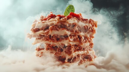This visually appealing image shows a layered lasagna, topped with melted cheese and garnished, inviting viewers to savor the comforting home-cooked goodness.