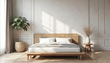 Modern bedroom interior mock up with rattan bed on marble wall. Scandinavian design with plants and decor. Comfortable room, hotel suite interior, natural light, cozy apartment, home.