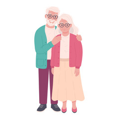 Happy elderly couple standing together. Flat vector of smiling senior man and woman in cozy clothes showing affection and closeness. Isolated on white background