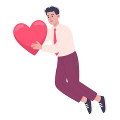 Smiling man holding big heart, flat illustration of cheerful guy in love