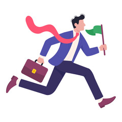 Businessman running with green flag and briefcase, motivation, achievement, leader