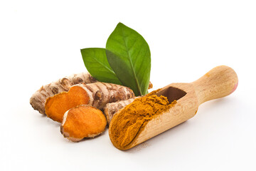 Turmeric Curcuma longa Linn, rhizome root sliced with green leaves isolated on white background.