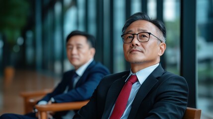 Two professional men engaged in a serious discussion within a modern office environment, embodying a sense of focus and determination as they navigate business matters.