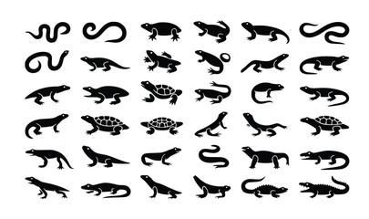 Reptiles assortment features snake, turtle, lizard, and alligator silhouettes creating a diverse animal graphic icon collection for designs.