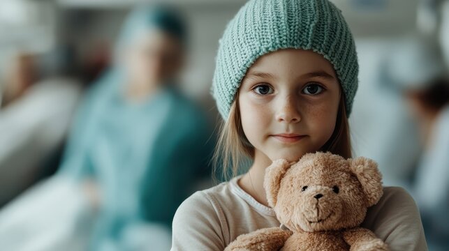 A brave young girl with a teddy bear sits in a hospital, embodying innocence and courage while facing difficult times, highlighting the importance of comfort in healing.