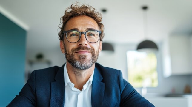 A stylish businessman with curly hair and glasses, exuding confidence in a modern office setting, highlighting professionalism and approachability for corporate branding.