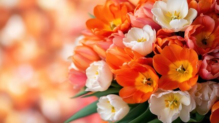 This bright image captures a stunning bouquet of orange and white tulips arranged beautifully, representing the pure joy and beauty of springtime blooms in a vibrant display.