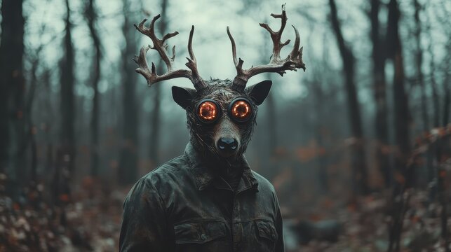 An enigmatic figure clad in a jacket and a deer mask with glowing eyes stands in a misty forest, creating an eerie yet fascinating atmosphere that sparks curiosity and intrigue.