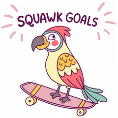 Squawk goals cute parrot skateboarding illustration