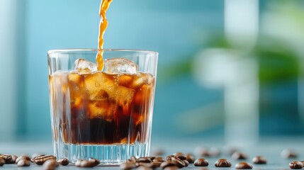 A close-up shot of iced coffee being poured into a glass amidst coffee beans, highlighting the refreshing feel and premium quality of a delightful coffee experience.