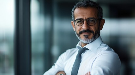 Obraz premium A confident middle-aged man in a business suit poses in a bright office setting, embodying professionalism, authority, and the essence of modern corporate leadership.