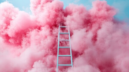A whimsical white ladder rises into fluffy pink clouds, evoking a sense of dreaminess and aspiration, inviting viewers to embark on a journey of imagination and wonder.