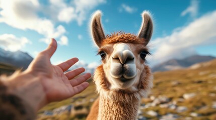 Obraz premium An approachable llama gazes curiously at the viewer, set in a scenic natural landscape, highlighting the charm and playful spirit of these friendly Andes natives.