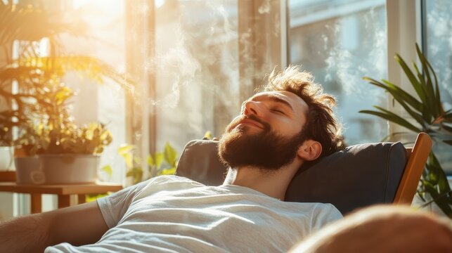 A man with a beard relaxes in a cozy chair under sunlight, embodying tranquility. Steam gently rises, showcasing a peaceful moment of relaxation and rejuvenation in a vibrant space.