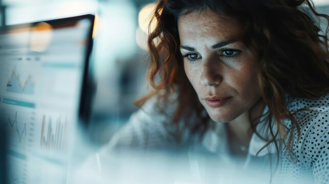 A determined woman intently examining data visualization on her computer, portraying concentration, analytical skills, and the importance of data in today's technology-driven world.