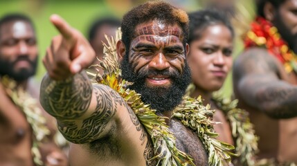 A man with a beard and tattoos pointing at the camera.