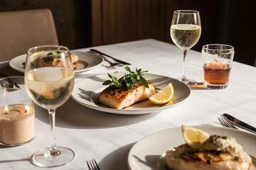 dinner concept for two. two glasses of white wine, baked fish. arri&egrave;re-plan, d&icirc;ner, table, aliment, plat, verres, 