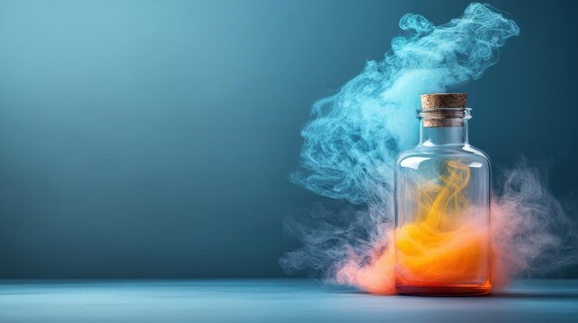 A vintage glass bottle sits against a blue backdrop, with colorful smoke swirling and rising from within, creating a mystical and imaginative atmosphere directly evoking curiosity.