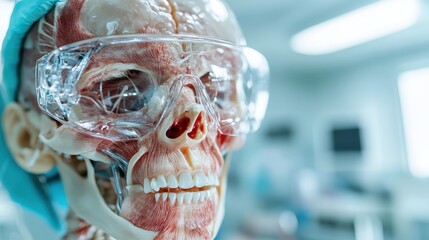 This close-up image showcases a detailed anatomical model of a human skull, emphasizing the muscles and structure of the face for educational and artistic purposes.