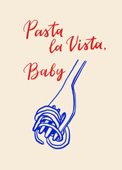 La dolce vita vintage posters. Italian Summer Line Art Vector Set with Pasta, Mozzarella, Coffee, Seafood and Herbs. Vector illustration ink doodle sketch style.