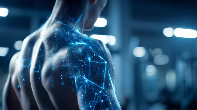 Futuristic muscular man back with blue holographic technology, health and digital concept