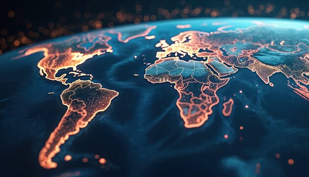 Illustration shows glowing fiber optic lines on world map, crossing deep sea trenches. Digital data transmission across oceans, globe with lights, cyberspace communication tech.