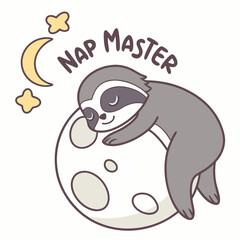 Adorable sloth napping on moon, cute animal illustration