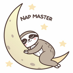 Adorable sloth sleeping on crescent moon, nap master design