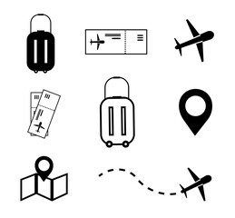 Airplane and travel vector icons set, passport icon, boarding pass icon, airplane route icon, luggage icon, travel bag icon, location pin icon, flight ticket icon.