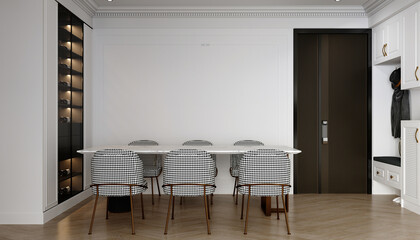 modern home and dining room with luxury chairs and dining table and white pattern wall background. 3d render.