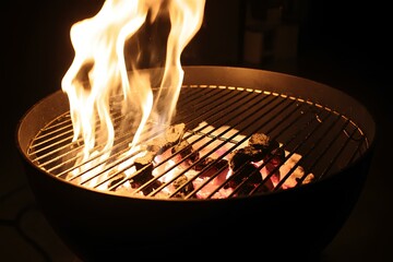 Hot empty portable barbecue BBQ grill with flaming fire barbecue, barbecue, grill&eacute;s, feu, charbon de bois, braise, noir, arri&egrave;re-plan, attente, placement.