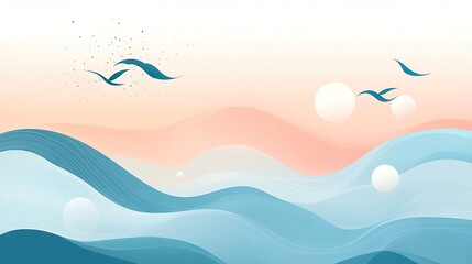 Abstract landscape with flowing waves and birds in flight.