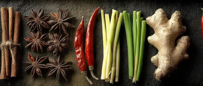 asian spice ingredient flatlay with asian spice ingredient dark background and asian spice ingredient cinnamon chili ginger, asian spice
cooking ingredient, cinnamon stick, dried chili, fresh ginger