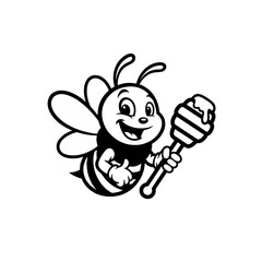 Cute Bee Logo, Smiling Bee Holding a Honey Dipper, Black and White Cartoon Design