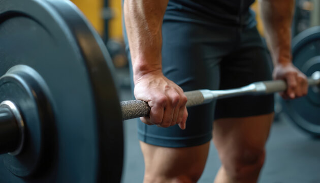 Weightlifter grips barbell in gym setting. Focused on strength training, fitness, muscular body, dedication. Close-up of hands on equipment. Man preparing powerlifting exercise.