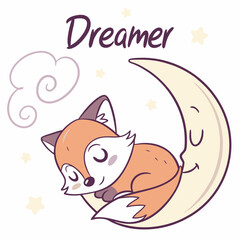 Cute fox sleeping on crescent moon dreamy night