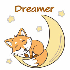 Cute fox sleeping on crescent moon dreamland